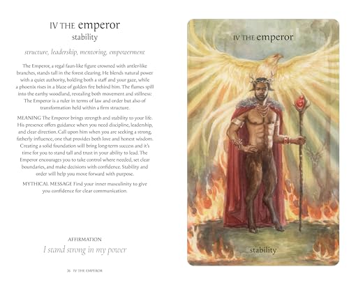 Tarot card depicting a regal figure with antlers, flames, and text.