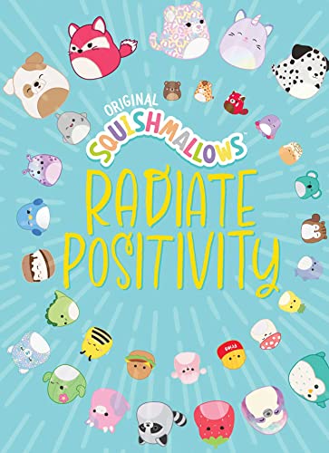 Colorful Squishmallow plush toys arranged around a teal and yellow book cover.