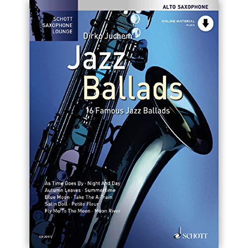 Sheet music book "Jazz Ballads" with a blue alto saxophone image.