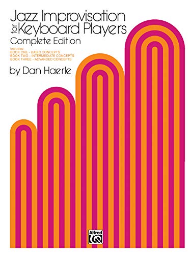 Jazz improvisation keyboard book cover with orange and pink striped arches.