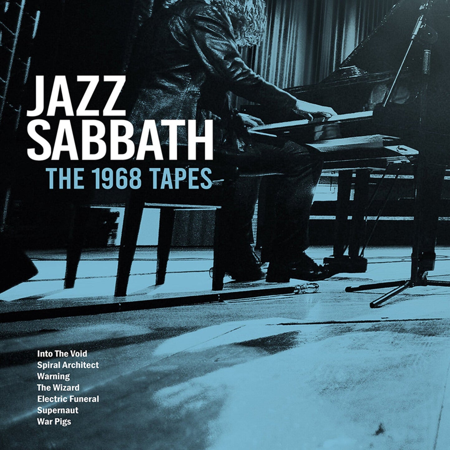 A person playing a grand piano in a blue-tinted image titled Jazz Sabbath.