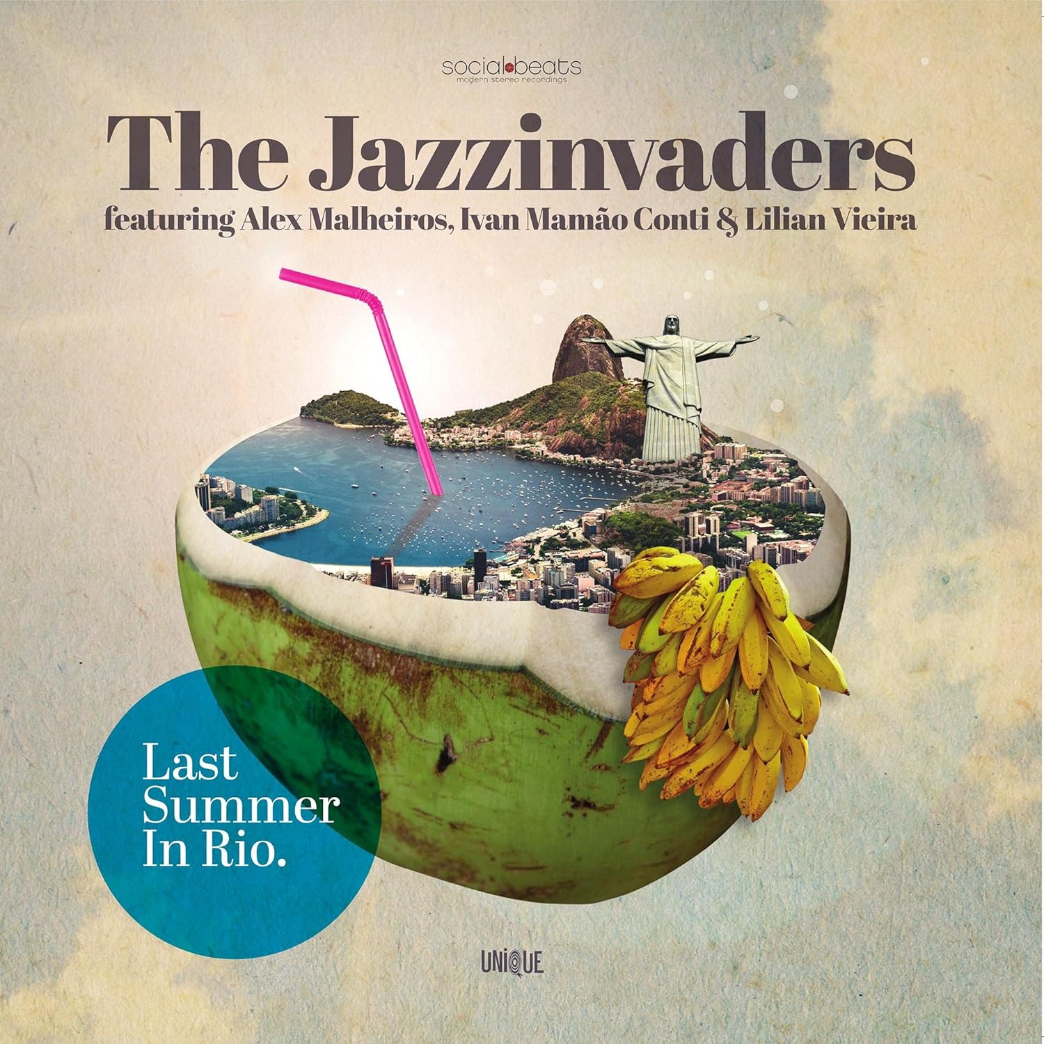 CD cover: coconut with Rio de Janeiro cityscape and Christ the Redeemer.