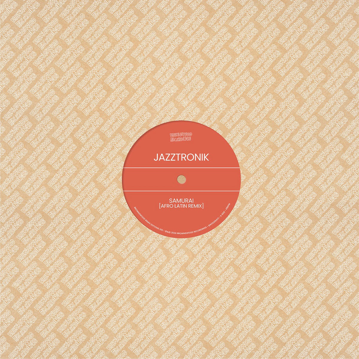 Vinyl record label with red center, text "Jazztronik" and "Samurai Remixes".