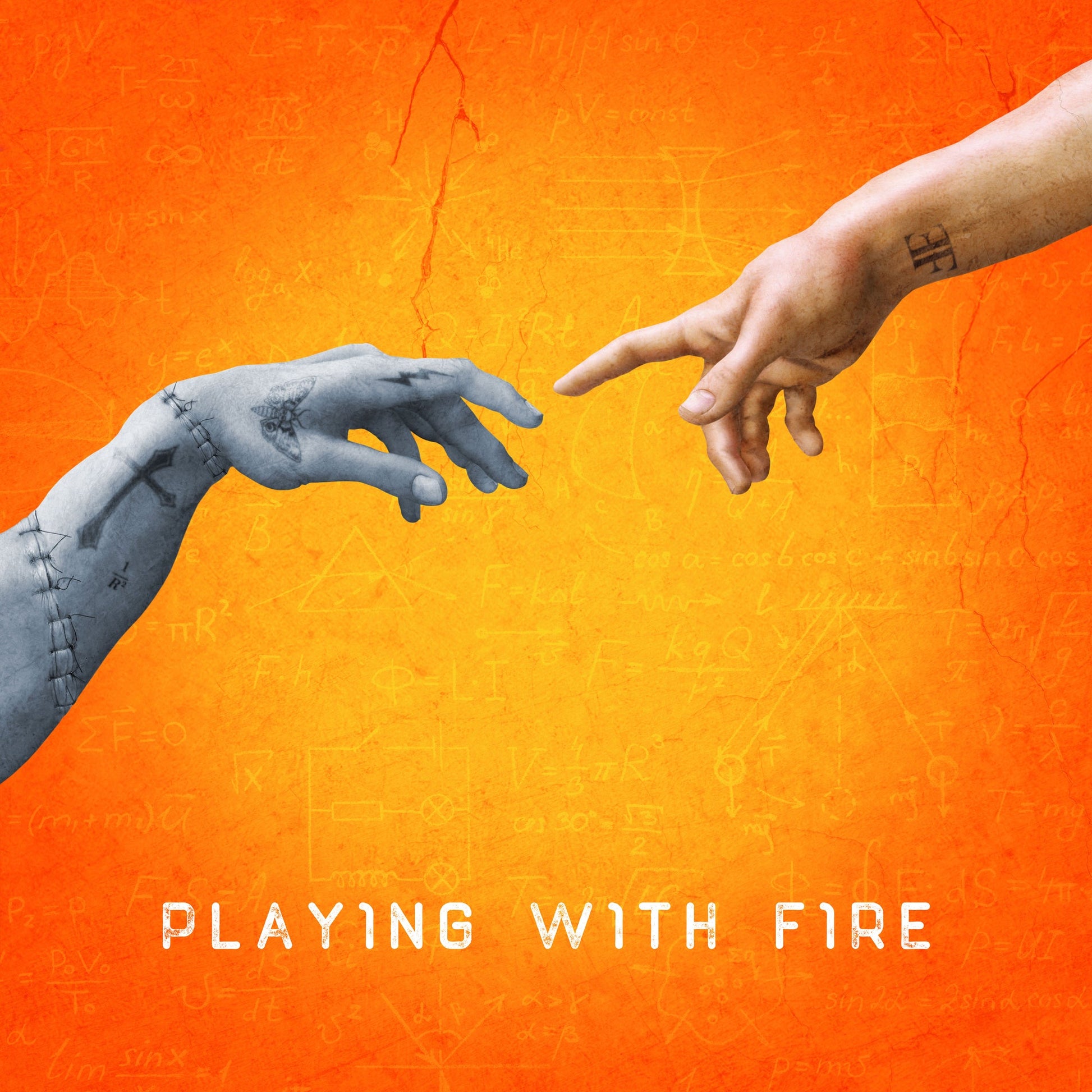 Two hands reaching toward each other against an orange background with scientific equations.