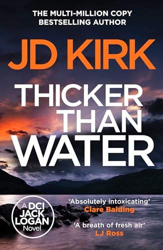 Book cover for Thicker Than Water by JD Kirk featuring a sunset over water.
