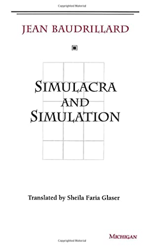 Book cover for Simulacra and Simulation by Jean Baudrillard with a grid design.