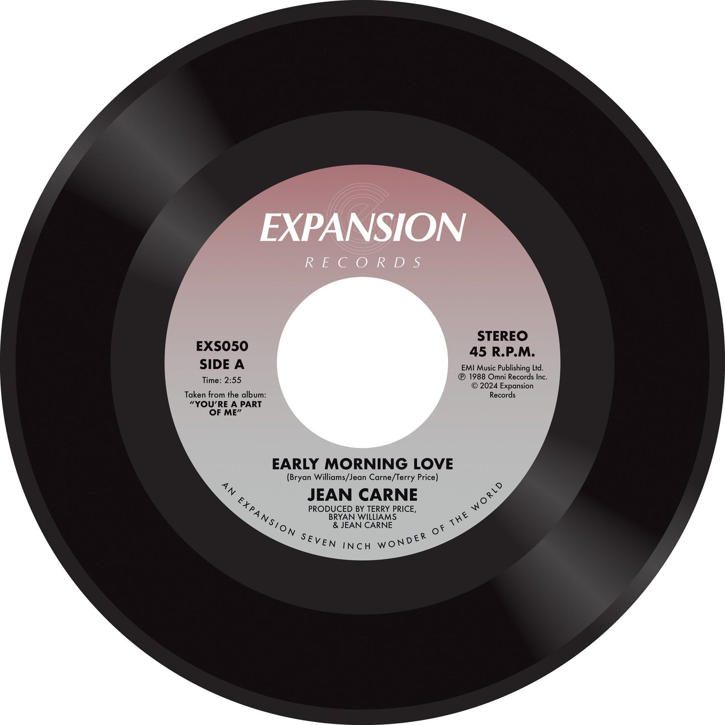 Close-up of a black and white vinyl record label for Jean Carne’s “Early Morning Love.”