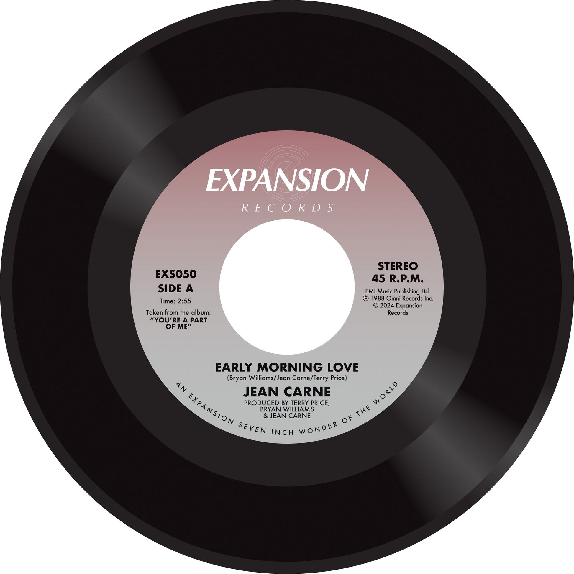 Close-up of a black and white vinyl record label for Jean Carne’s “Early Morning Love.”