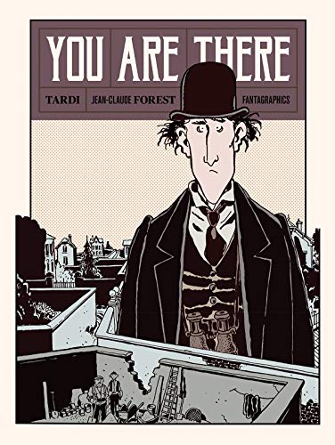 Book cover: man in bowler hat with binoculars, town background.