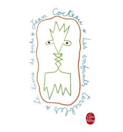 Book cover with a childlike green and orange face drawing.