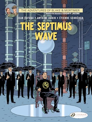 Comic book cover: two men, machinery, and figures in suits with umbrellas.