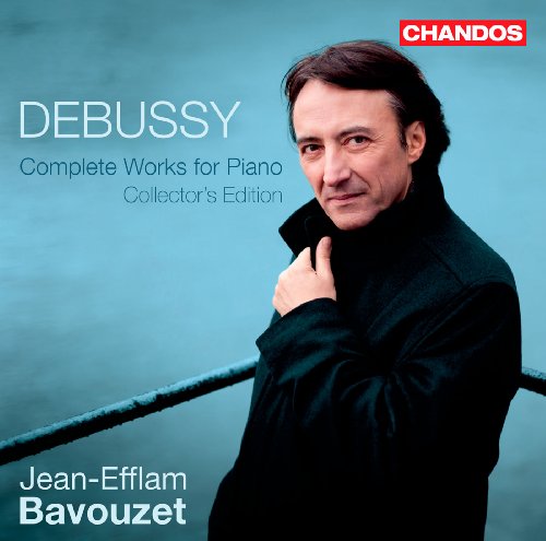 CD cover featuring pianist Jean-Efflam Bavouzet, text “Debussy” and “Chandos” logos.