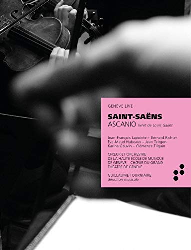 Black and white photo of a violinist with a pink text box overlaying details.