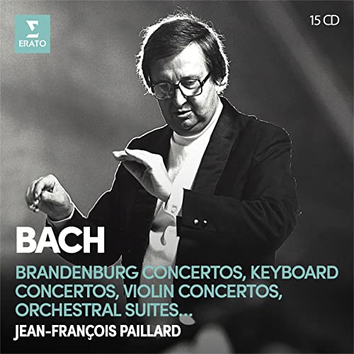 Black and white portrait of conductor Jean-François Paillard on a 15 CD box set.