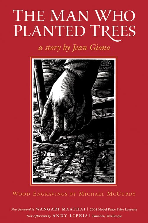 Book cover: "The Man Who Planted Trees" with a hand holding a sapling.