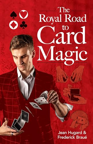 Book cover featuring a magician performing card tricks, red background.