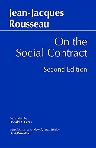 Book cover: "On the Social Contract" by Jean-Jacques Rousseau, blue background.