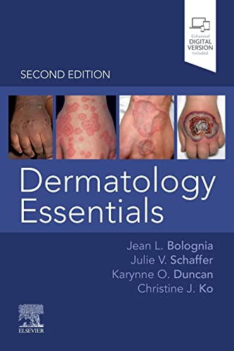 Book cover: "Dermatology Essentials" with images of various skin conditions.