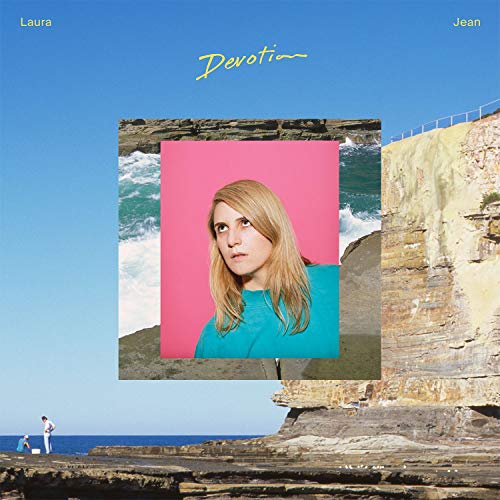 A portrait of a blonde woman against a pink background superimposed over coastal cliffs.