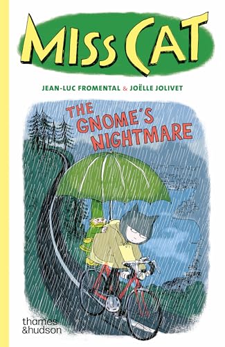 Book cover: black cat riding a bicycle in the rain with a gnome.