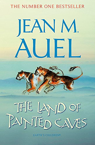 Book cover for The Land of Painted Caves featuring two lions over misty hills.