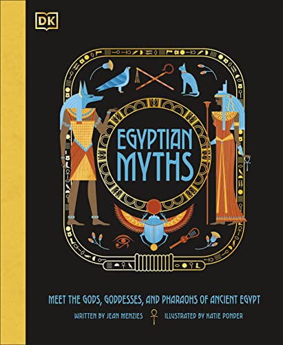 Book cover: “Egyptian Myths” with illustrated gods, goddesses, and pharaohs.