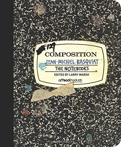 "Book cover with speckled black background and label reading 'Composition Jean Michel Basquiat'."