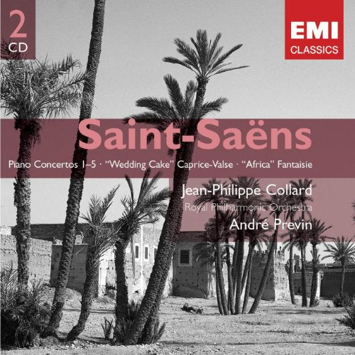 CD cover for Saint-Saëns piano concertos with palm tree imagery.