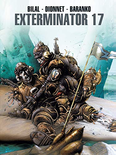 Comic book cover: two armored figures in a futuristic, desolate landscape.