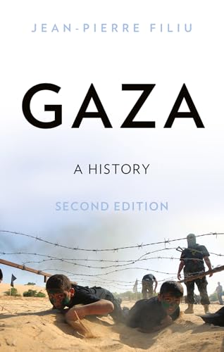 Book cover titled Gaza: A History showing children crawling under barbed wire in sand.
