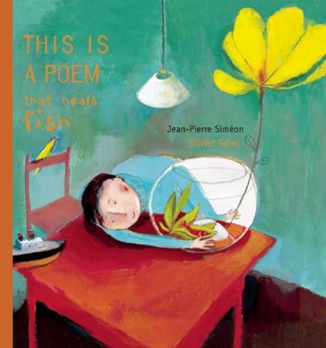 Book cover: person in fishbowl, yellow flower, red table, blue background.