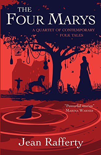 Red book cover with silhouetted tree, figures, and folk tale imagery.