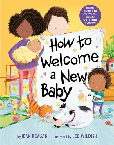 Children and a parent with a new baby, illustrated book cover.