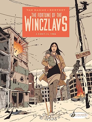 Woman carrying a child runs through a war-torn city street.