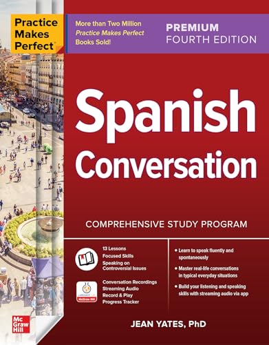 Red textbook cover with "Spanish Conversation" title and city scene.