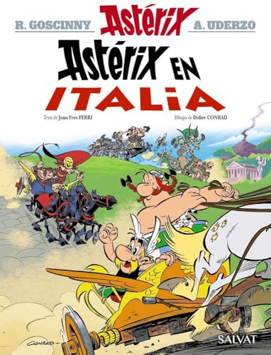 Asterix comic book cover, “Asterix in Italy,” featuring characters in chariots.