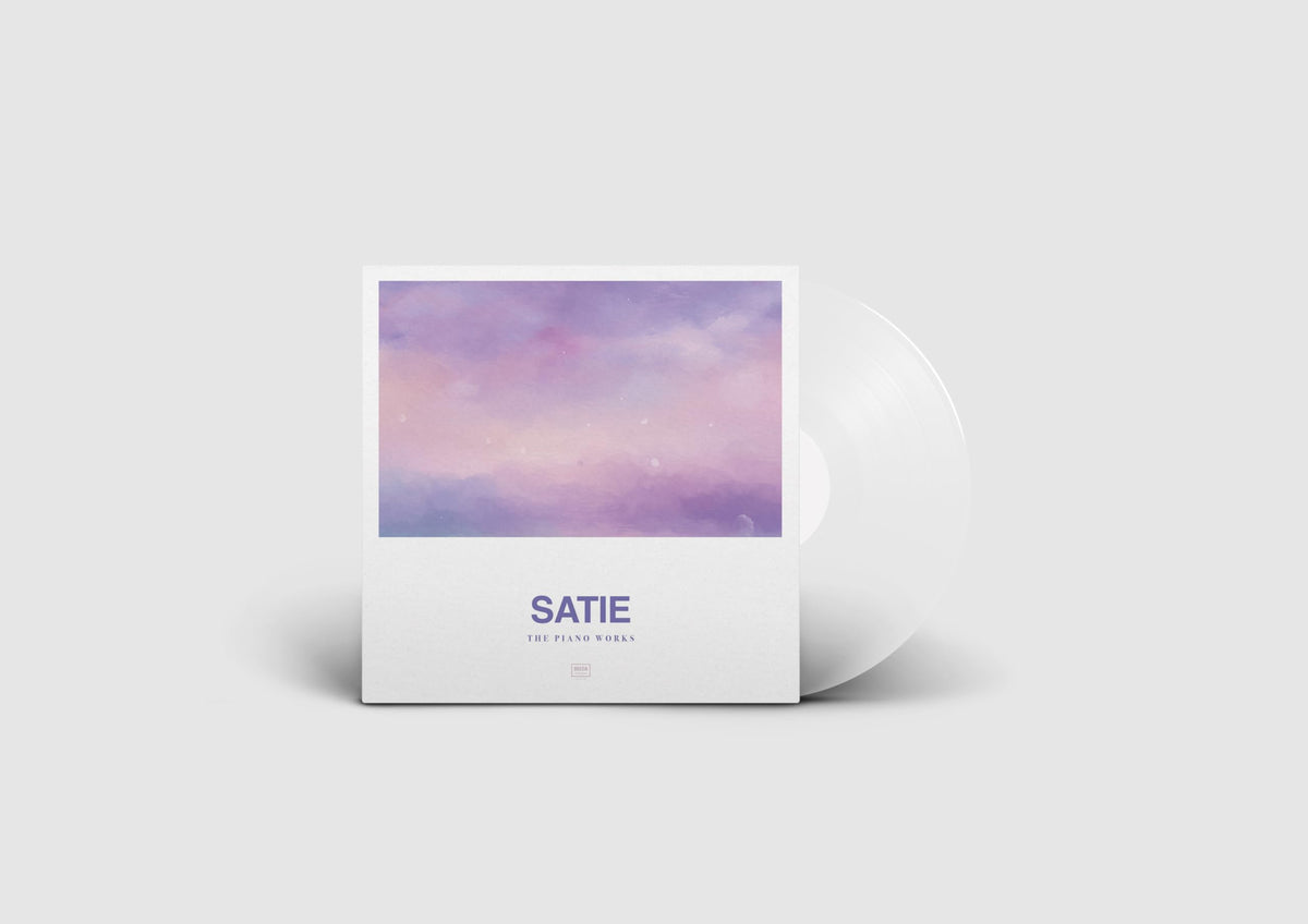 Vinyl record with abstract purple and white cover art, labeled "SATIE".