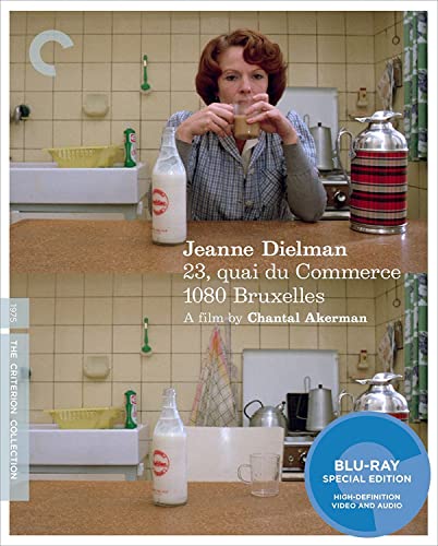 Blu-ray cover for “Jeanne Dielman” featuring a woman in a kitchen.