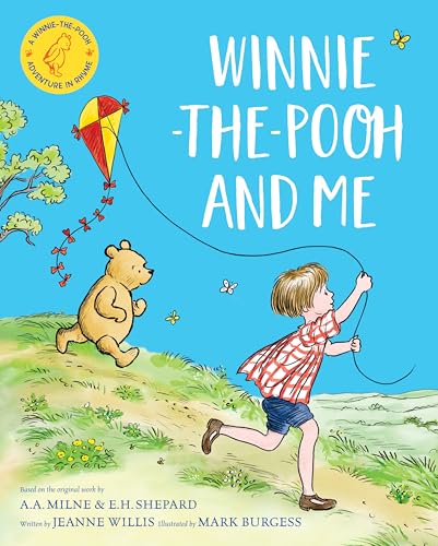 Winnie-the-Pooh and a boy fly a kite on a grassy hill.