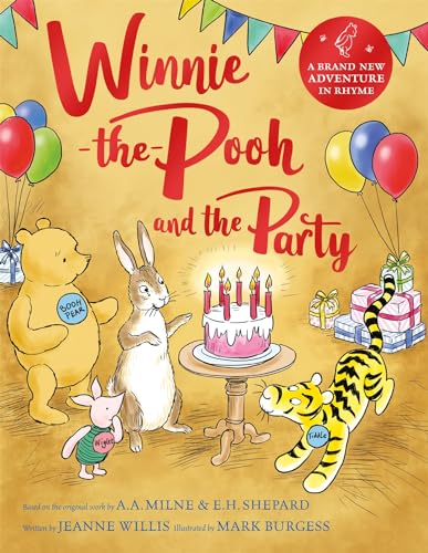 Winnie-the-Pooh, Rabbit, Piglet, and Tigger celebrate with a birthday cake.