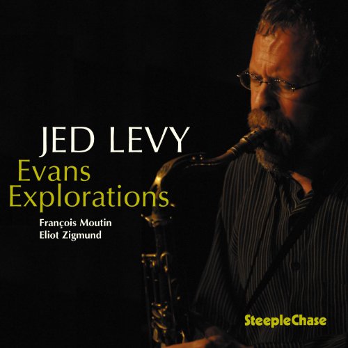 CD cover featuring Jed Levy playing a saxophone, dark background.