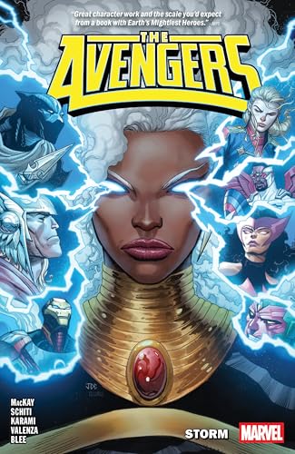 Comic book cover featuring Storm surrounded by Avengers in a storm.