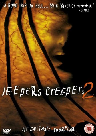 Jeepers Creepers 2" DVD cover with a shadowed face and cracked texture.