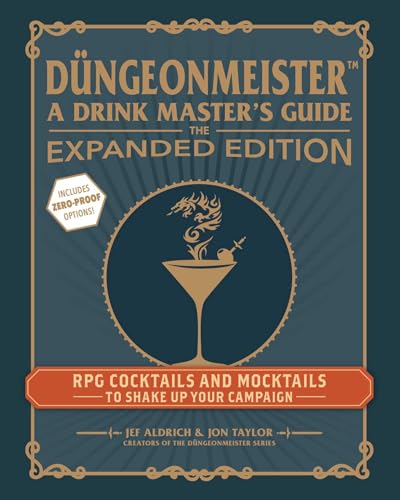 Book cover titled Dungeonmeister: The Expanded Edition featuring a martini glass icon with dragon smoke.