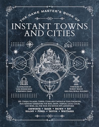 Dark blue book cover with a central illustration of a fantasy cityscape.