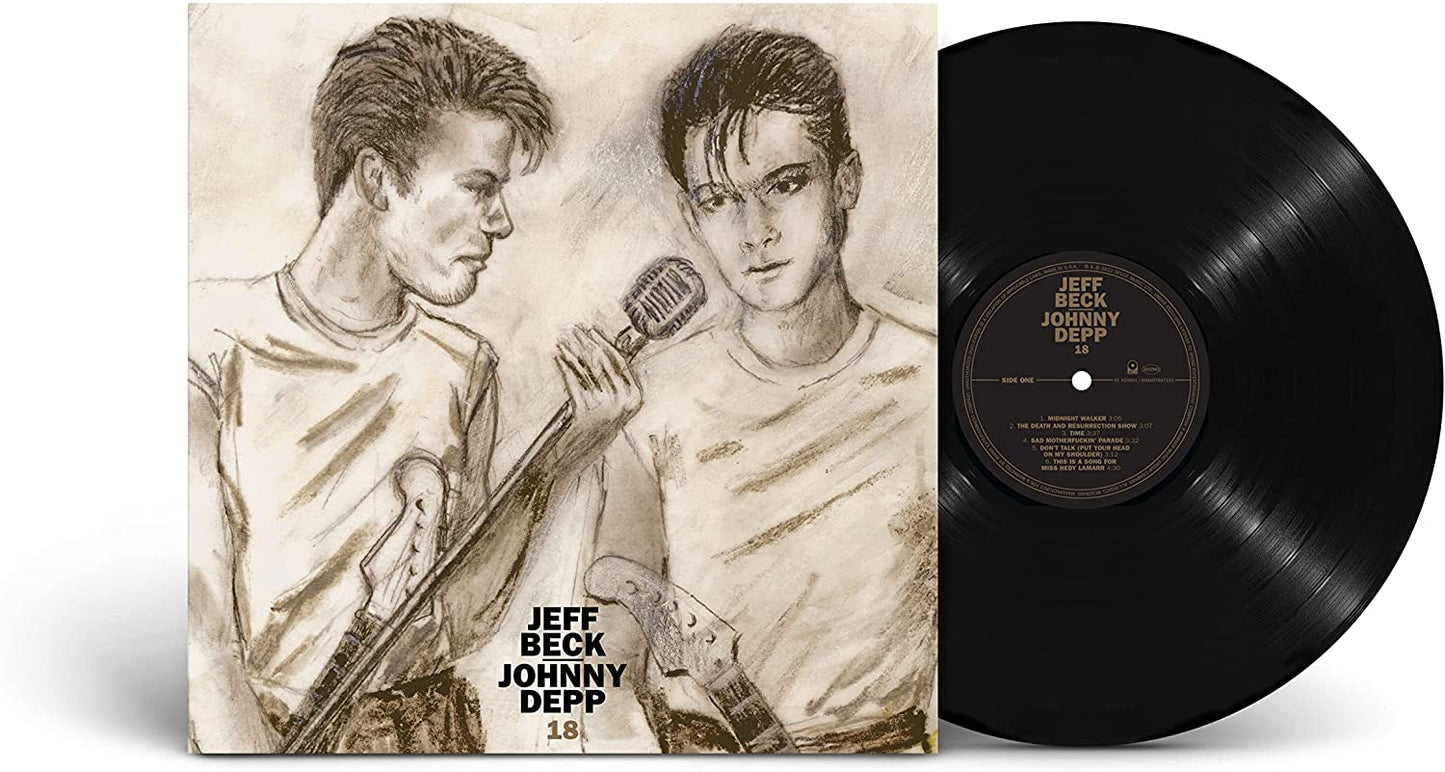 Jeff Beck and Johnny Depp album cover with black vinyl record.