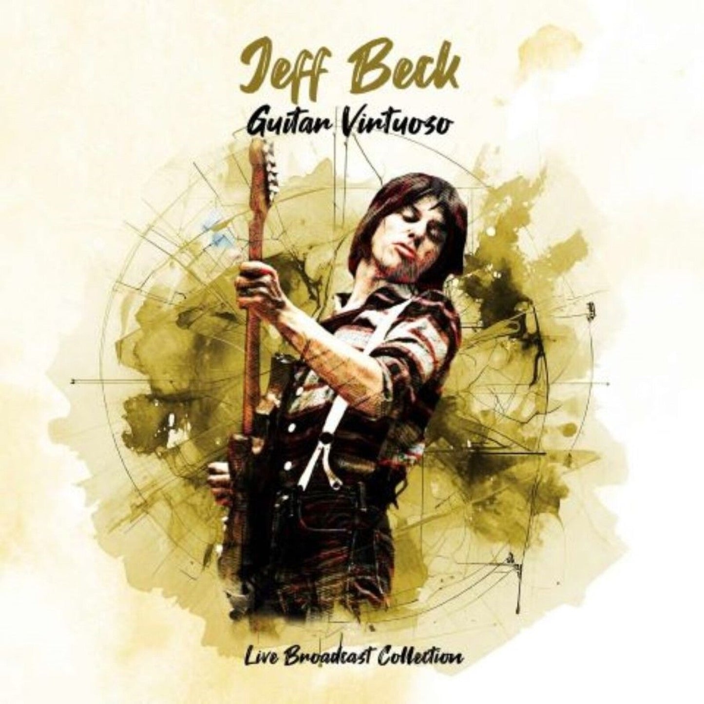 Jeff Beck playing guitar in a watercolor-style illustration on a beige background.
