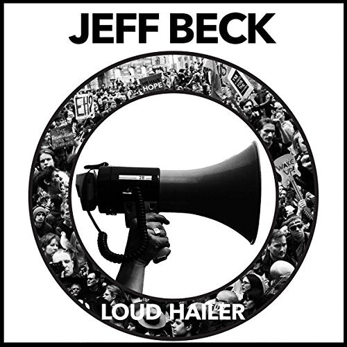 Black and white CD cover with a megaphone and crowd, titled "Jeff Beck - Loud Hailer".
