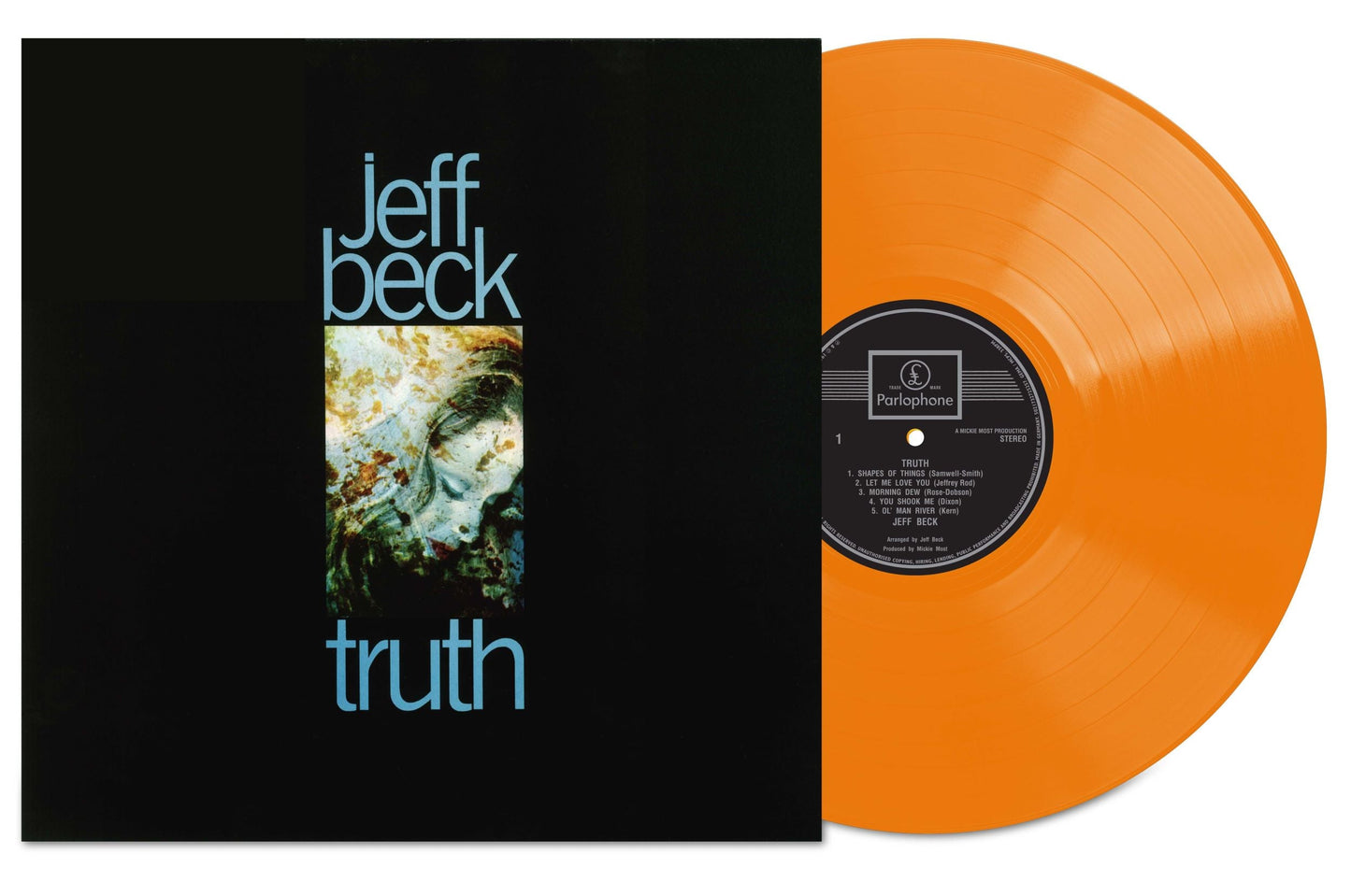 Jeff Beck's "Truth" vinyl record with orange disc and album cover.