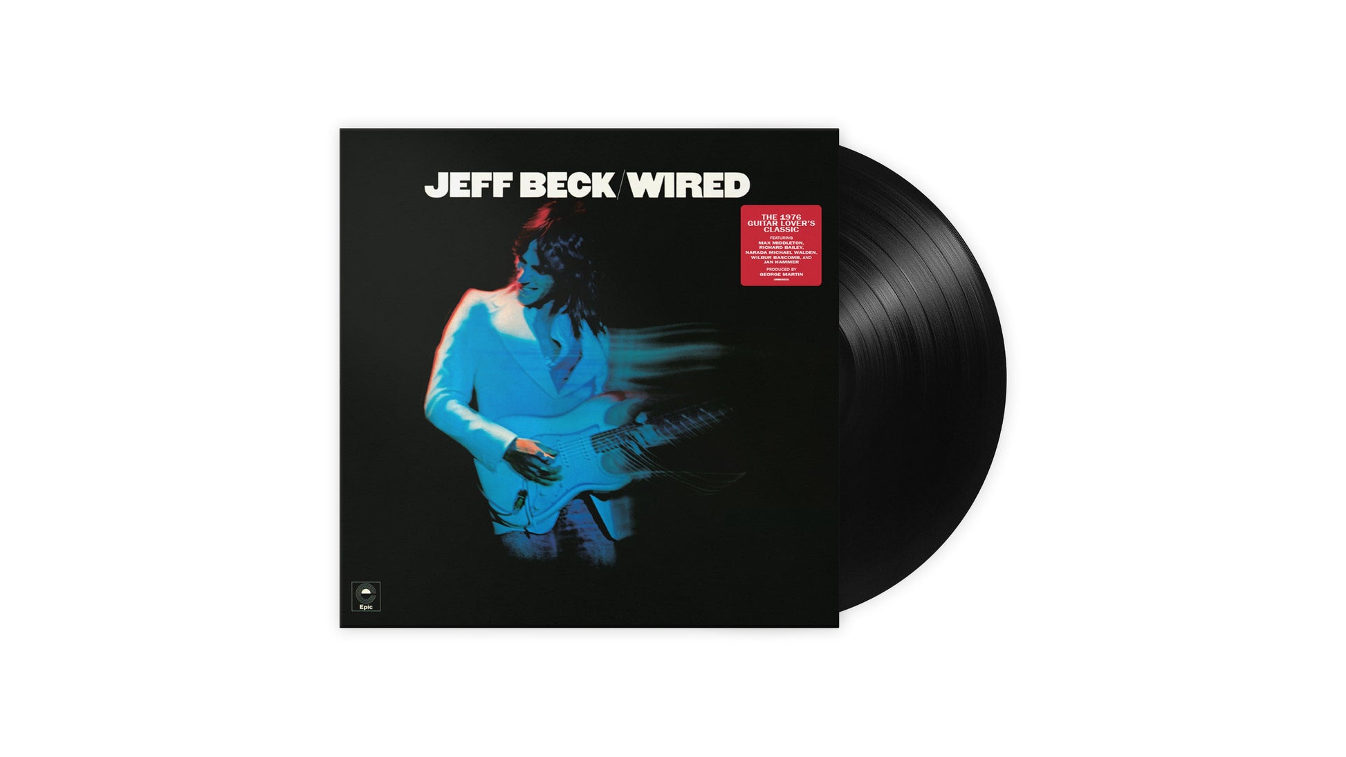 Jeff Beck’s “Wired” vinyl record with a portrait of Beck playing guitar.